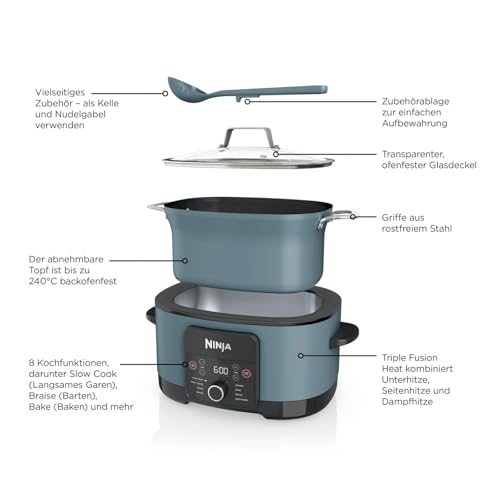 Ninja Foodi PossibleCooker (8 l), 8-in-1 Digitaler Multikocher & Schongarer mit Topf, Dampfeinsatz, Löffel & Glasdeckel, Slow Cooker, Dämpfen, Anbraten, Backen, 8 Portionen, Meersalzgrau, MC1001EU