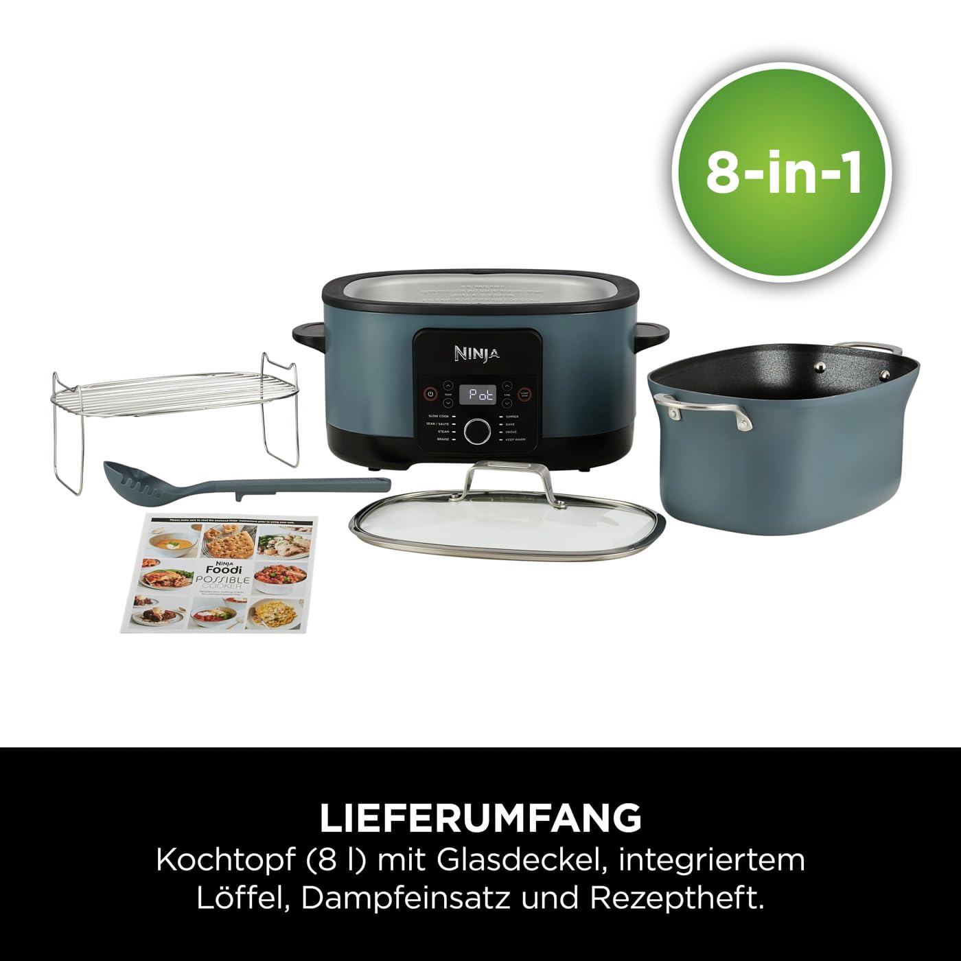 Ninja Foodi PossibleCooker (8 l), 8-in-1 Digitaler Multikocher & Schongarer mit Topf, Dampfeinsatz, Löffel & Glasdeckel, Slow Cooker, Dämpfen, Anbraten, Backen, 8 Portionen, Meersalzgrau, MC1001EU