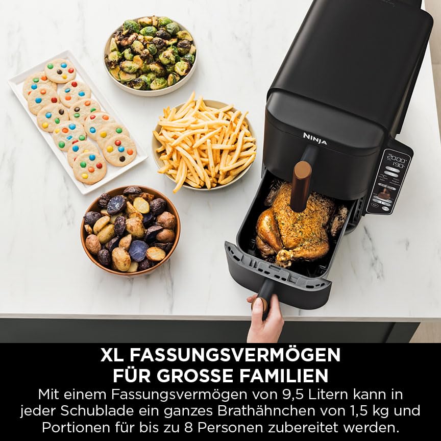 Ninja Double Stack XL Heißluftfritteuse, 2 vertikale Schubladen, 4 Kochstufen, 2 Einschübe, platzsparendes Design, 9,5 L Fassungsvermögen, 6 Funktionen, 8 Portionen, Zange, Schwarz/Kupfer SL400EUCP
