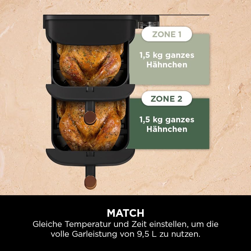 Ninja Double Stack XL Heißluftfritteuse, 2 vertikale Schubladen, 4 Kochstufen, 2 Einschübe, platzsparendes Design, 9,5 L Fassungsvermögen, 6 Funktionen, 8 Portionen, Zange, Schwarz/Kupfer SL400EUCP