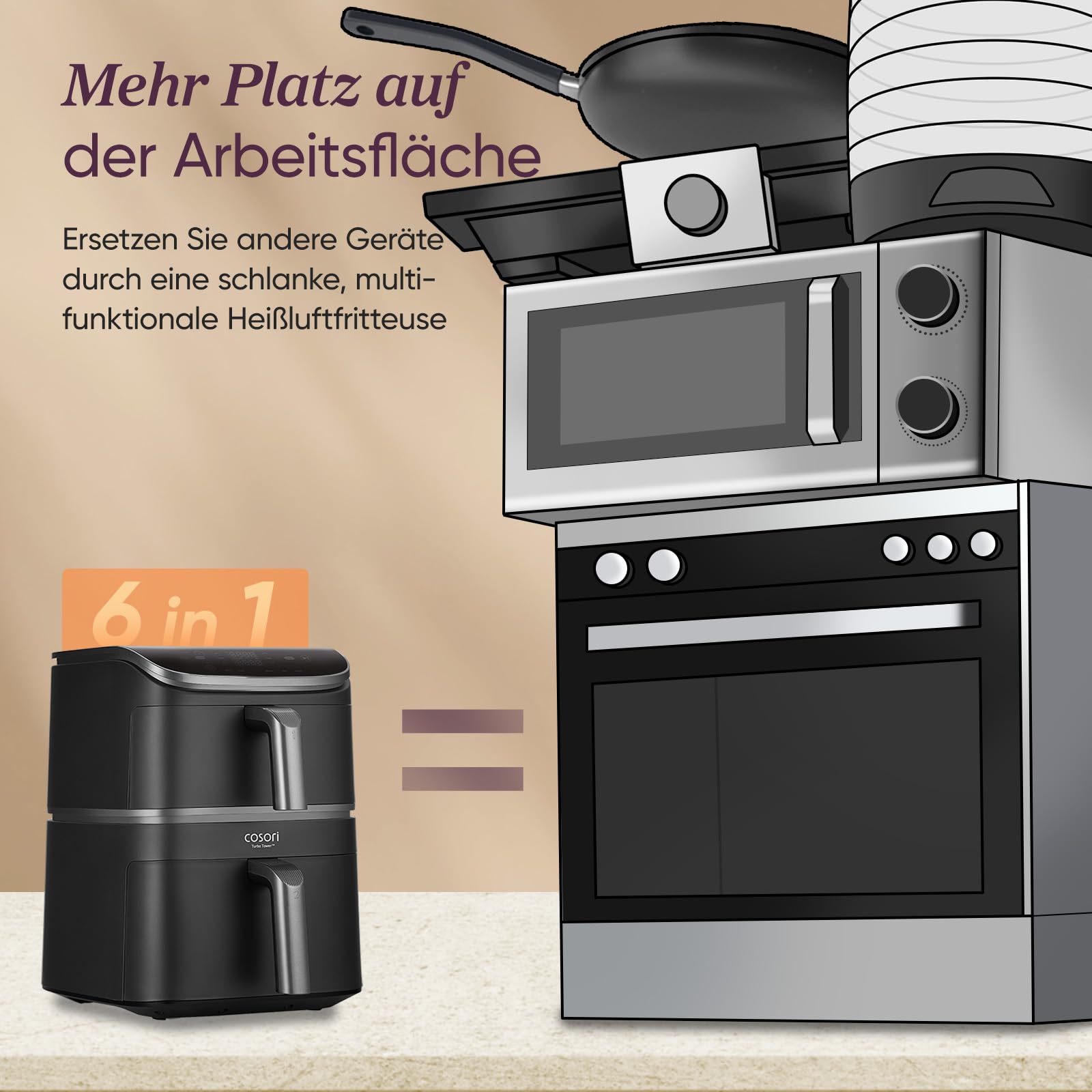 COSORI Turbo Tower Airfryer, 10,8 L Heißluftfritteuse 2 Kammern übereinander, Neue Generation Technologie, Turbo-Luftstrom für knusprige Ergebnisse, inkl. Rezeptheft & Grillrost