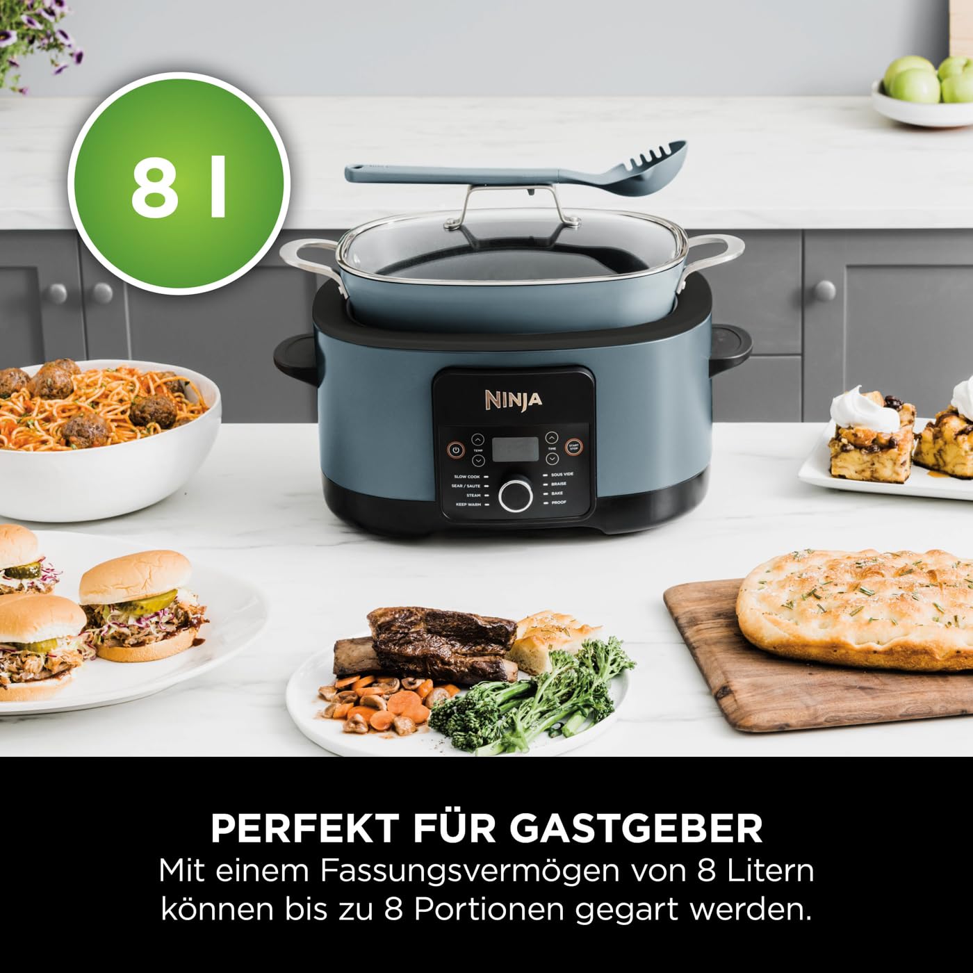 Ninja Foodi PossibleCooker (8 l), 8-in-1 Digitaler Multikocher & Schongarer mit Topf, Dampfeinsatz, Löffel & Glasdeckel, Slow Cooker, Dämpfen, Anbraten, Backen, 8 Portionen, Meersalzgrau, MC1001EU
