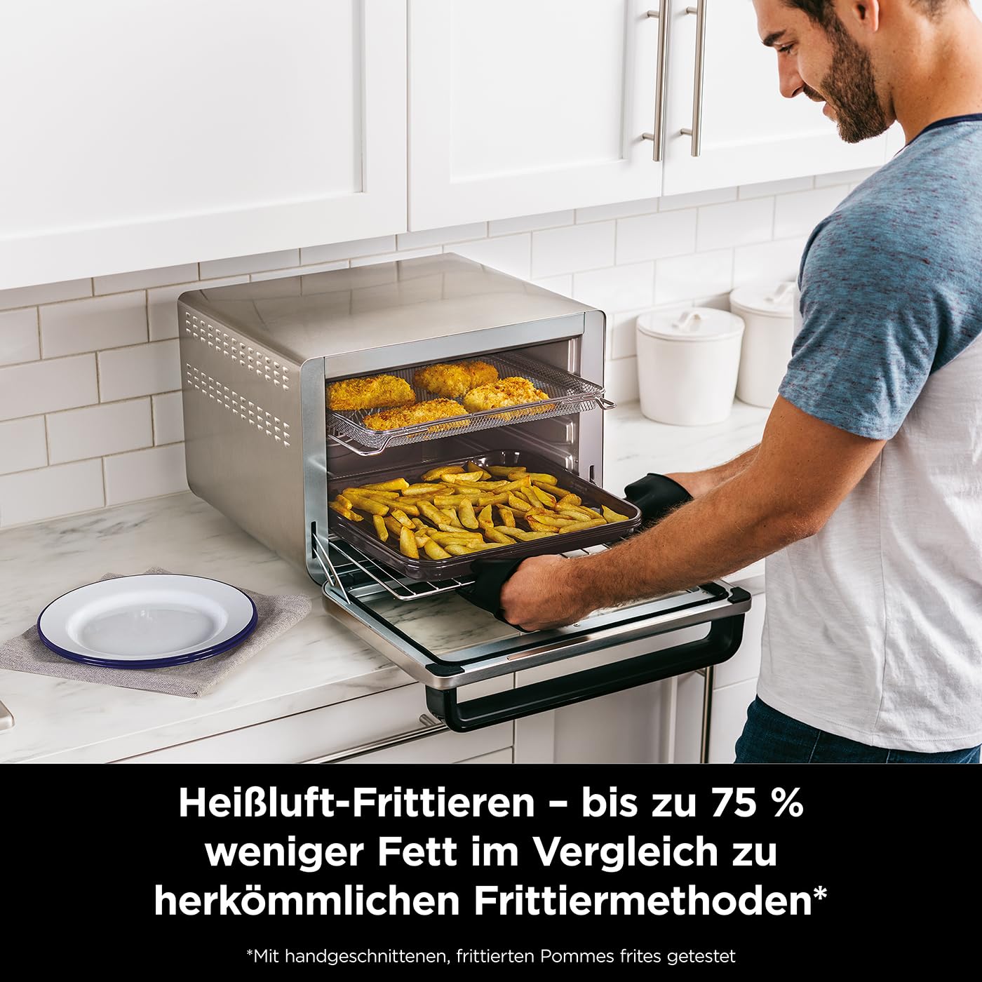Ninja Foodi 10-in-1 Multifunktions-Ofen, tragbarer Mini-Ofen für Arbeitsflächen, Mehrzweck-Ofen mit 10 Kochfunktionen; Air Fry, Rösten, Grillen, Backen und mehr, Silber/Schwarz DT200EU