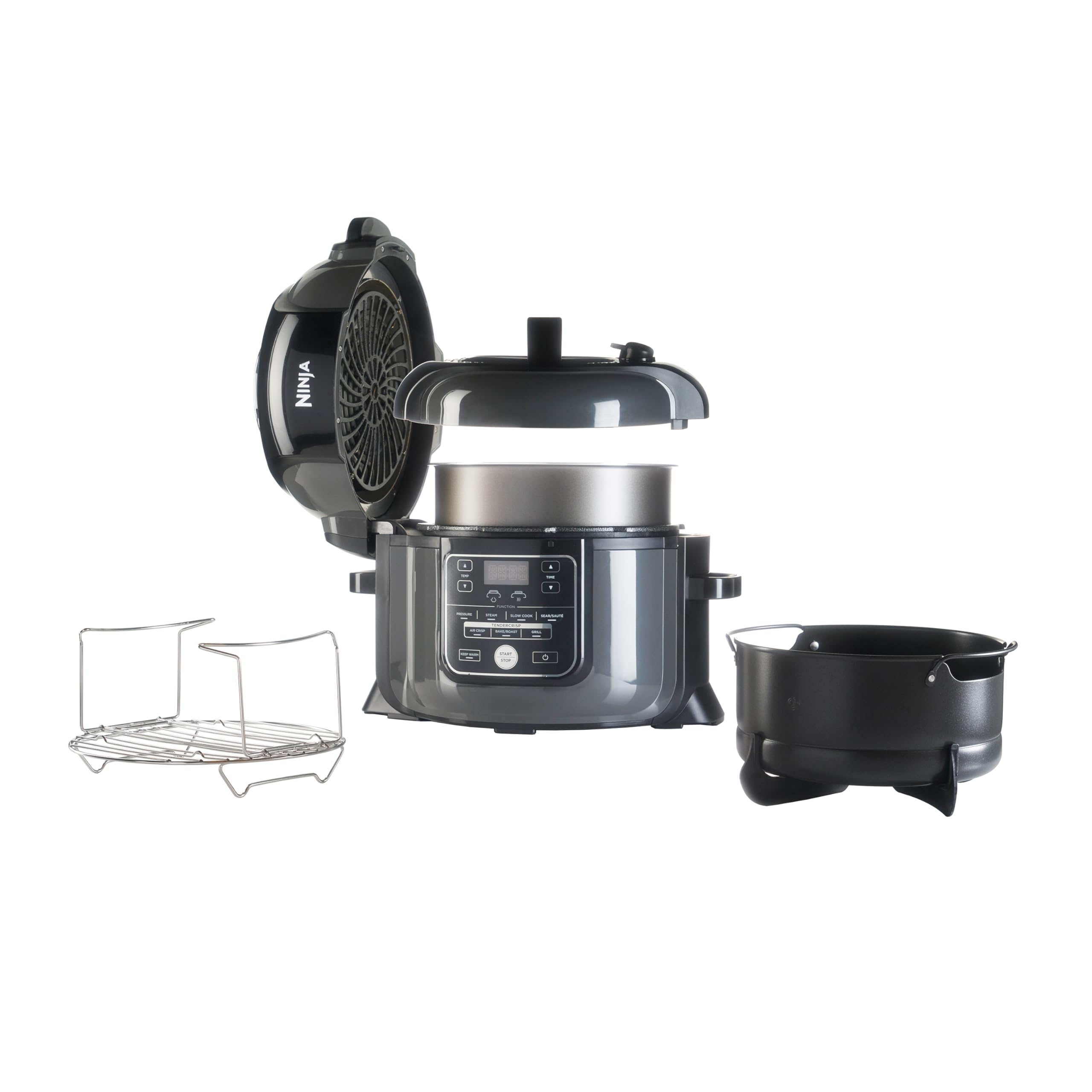 Ninja OP300EU Foodi Multikocher Schnellkochtopf und Heißluftfritteuse, Tender-Crisp Technologie Multi-Cooker, 1460, Edelstahl, 6 liters, Schwarz und Grau