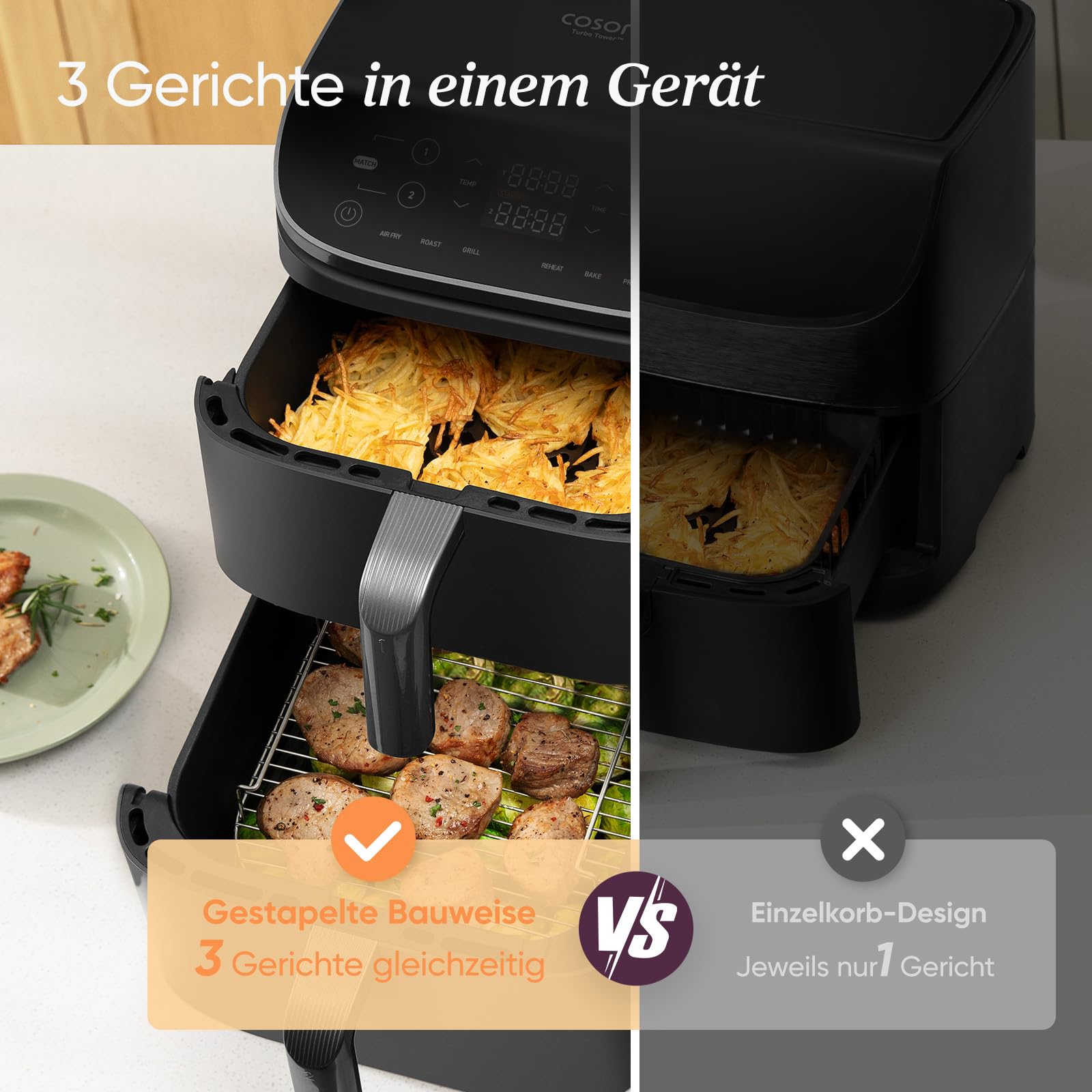 COSORI Turbo Tower Airfryer, 10,8 L Heißluftfritteuse 2 Kammern übereinander, Neue Generation Technologie, Turbo-Luftstrom für knusprige Ergebnisse, inkl. Rezeptheft & Grillrost