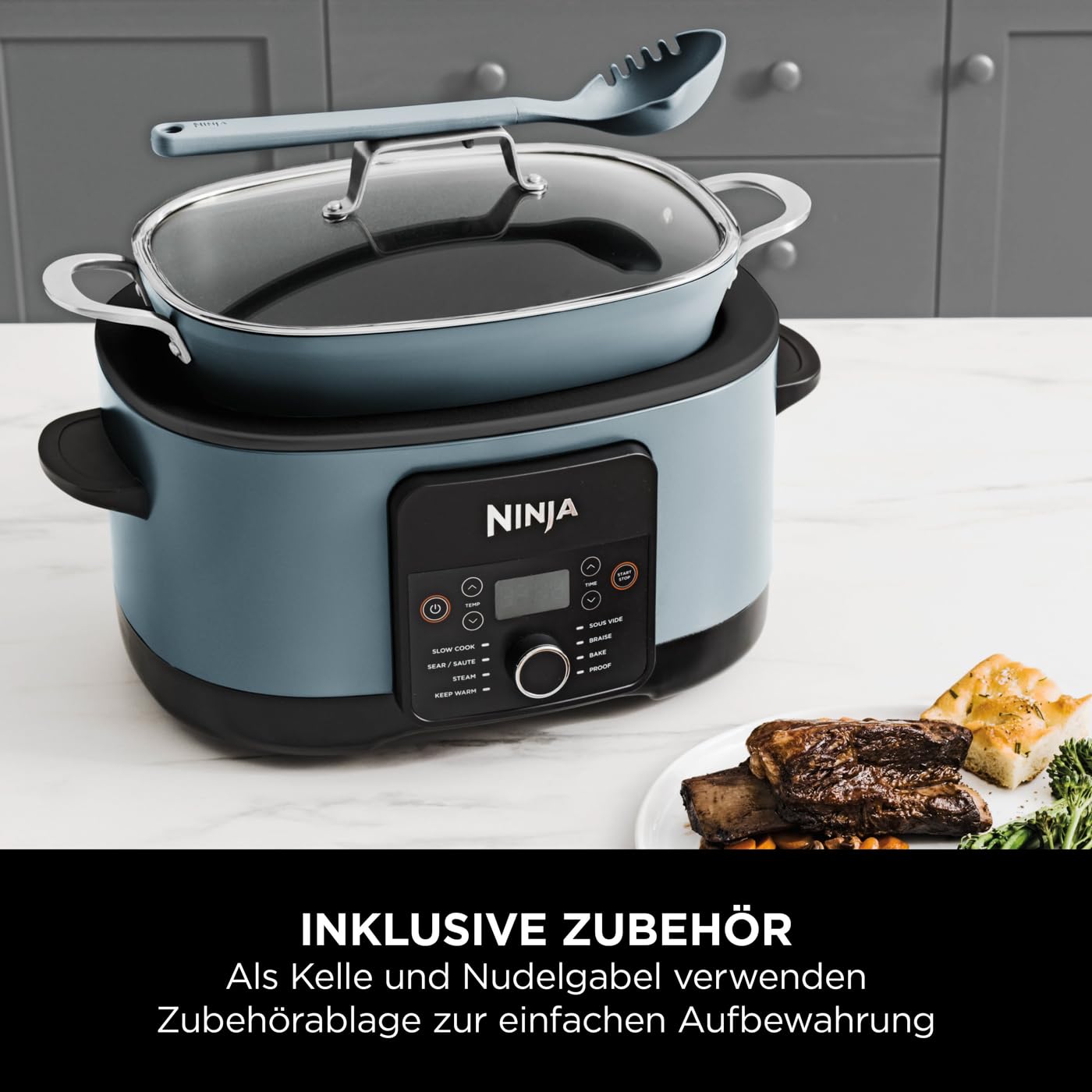 Ninja Foodi PossibleCooker (8 l), 8-in-1 Digitaler Multikocher & Schongarer mit Topf, Dampfeinsatz, Löffel & Glasdeckel, Slow Cooker, Dämpfen, Anbraten, Backen, 8 Portionen, Meersalzgrau, MC1001EU