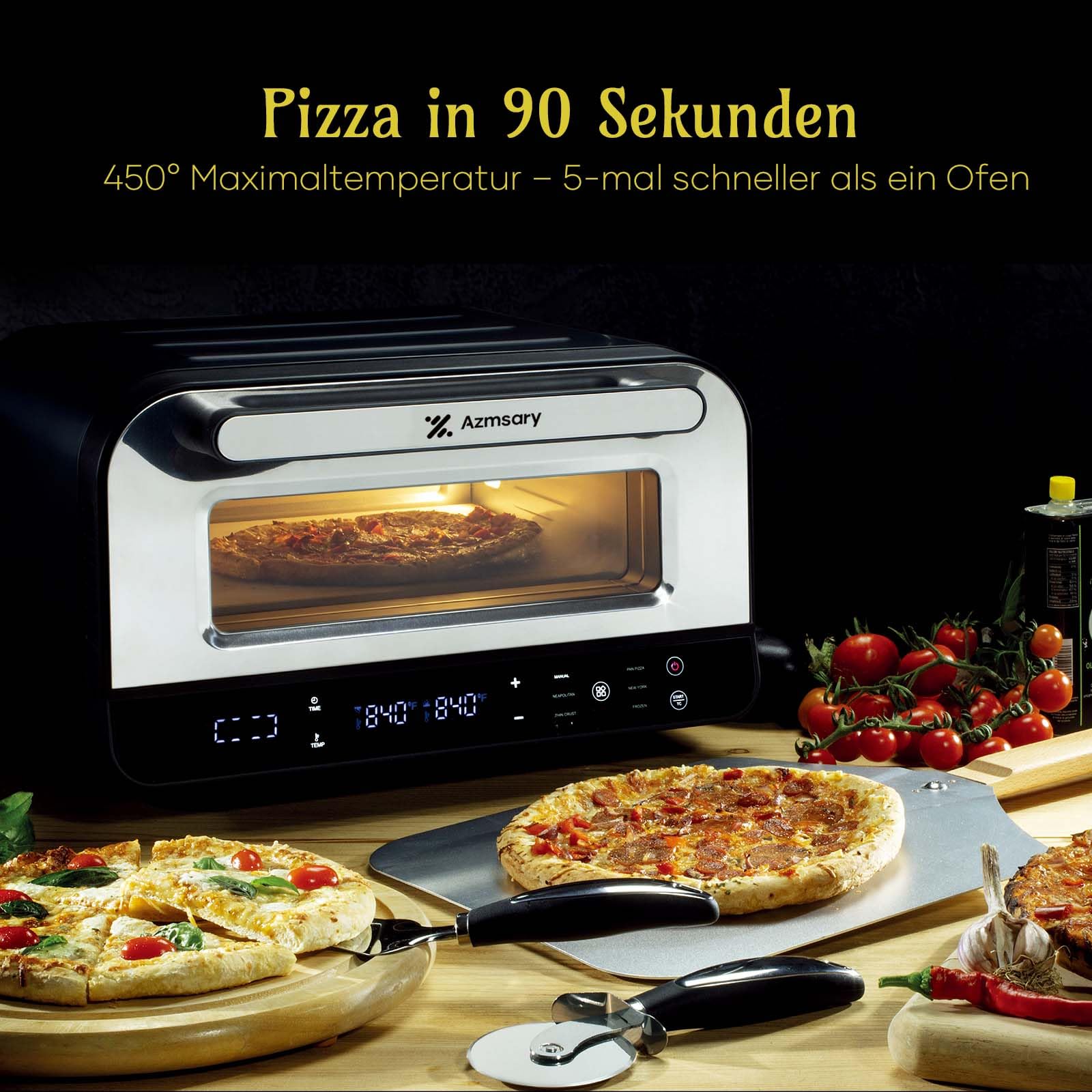 Elektrischer Pizzaofen – 6 Programme, 1700W, max. 450°C, geeignet für 32cm Pizzen – 5-in-1-Multifunktion: Pizza, Grillen, Warmhalten, Backen und Kochen – inklusive Pizzastein und Pizzaschaufel