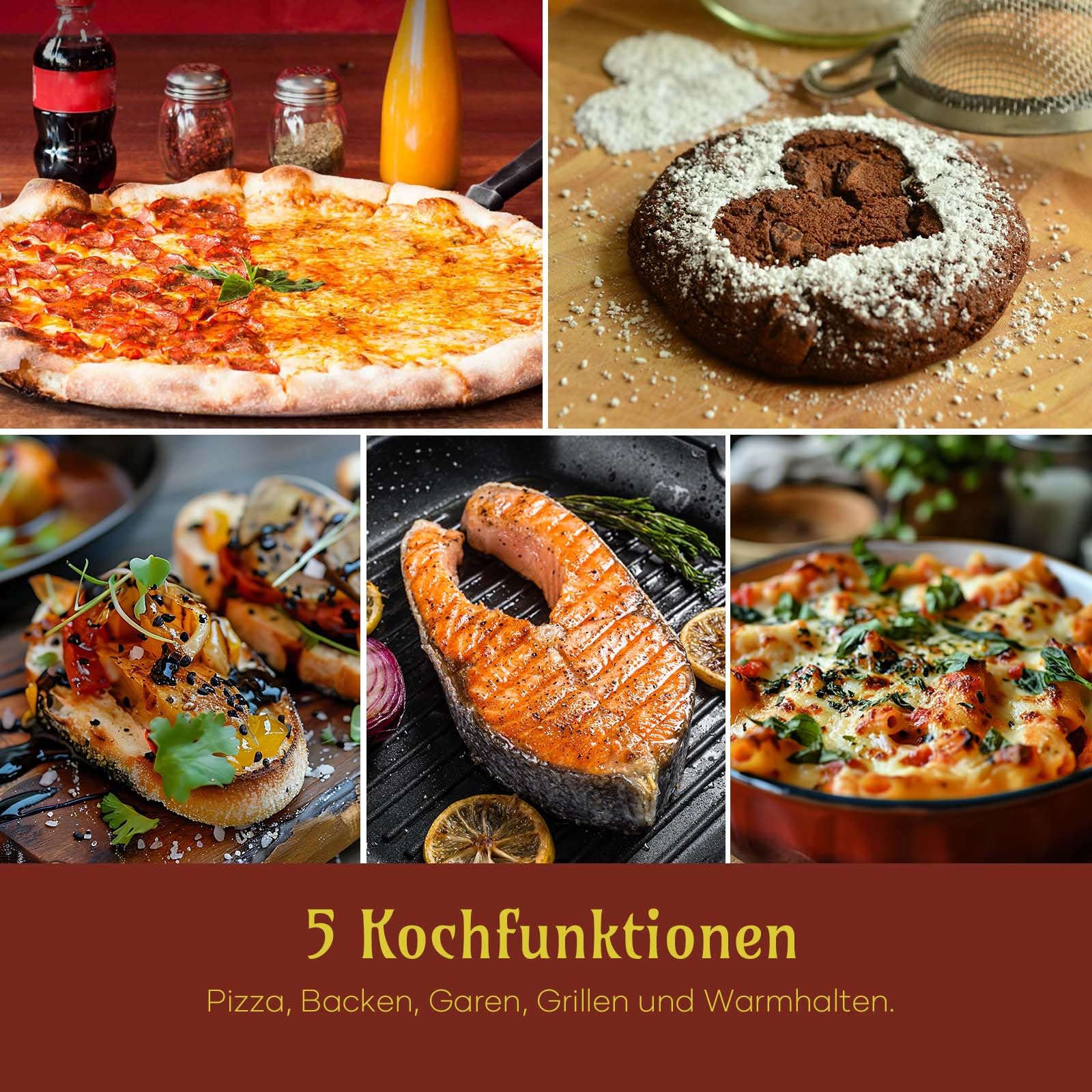 Elektrischer Pizzaofen – 6 Programme, 1700W, max. 450°C, geeignet für 32cm Pizzen – 5-in-1-Multifunktion: Pizza, Grillen, Warmhalten, Backen und Kochen – inklusive Pizzastein und Pizzaschaufel