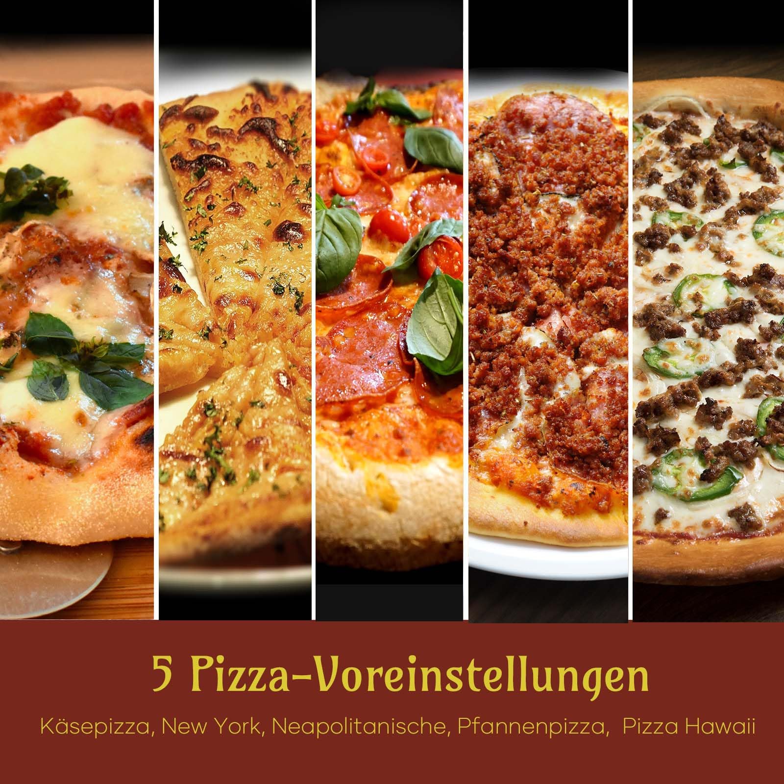 Elektrischer Pizzaofen – 6 Programme, 1700W, max. 450°C, geeignet für 32cm Pizzen – 5-in-1-Multifunktion: Pizza, Grillen, Warmhalten, Backen und Kochen – inklusive Pizzastein und Pizzaschaufel