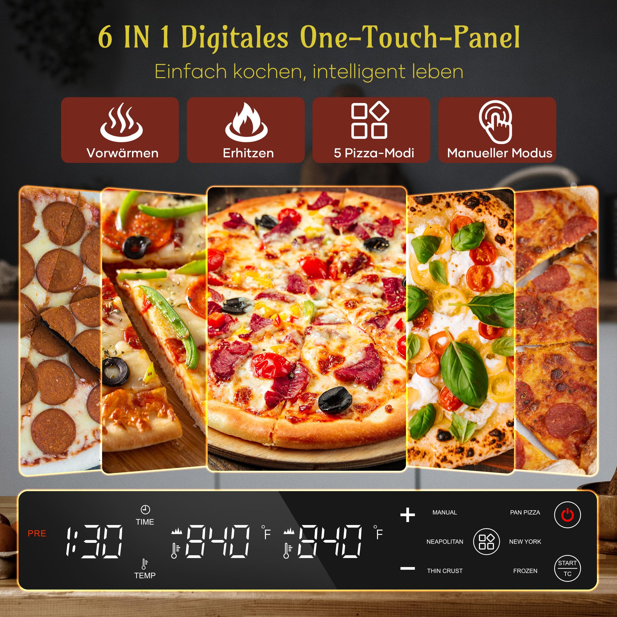 Elektrischer Pizzaofen – 6 Programme, 1700W, max. 450°C, geeignet für 32cm Pizzen – 5-in-1-Multifunktion: Pizza, Grillen, Warmhalten, Backen und Kochen – inklusive Pizzastein und Pizzaschaufel